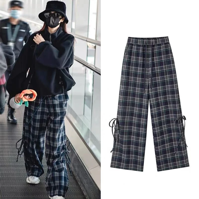 韩系~白鹿同款格子裤宽松格纹休闲裤冬季裤子显瘦直筒裤8863