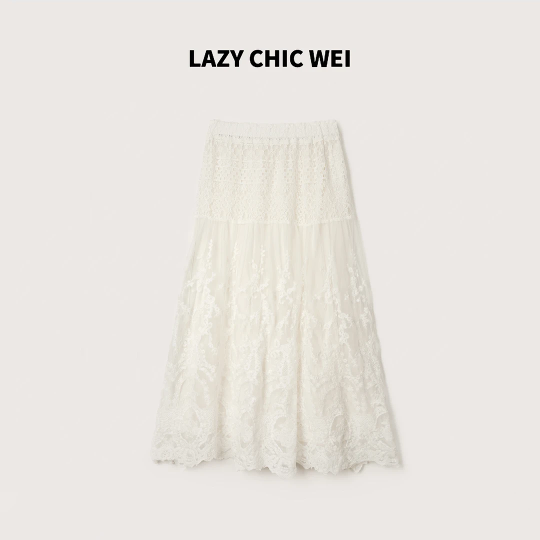 LAZY CHIC WEI 木浆纤维全腰松紧高腰温柔蕾丝半裙 25SSW1041