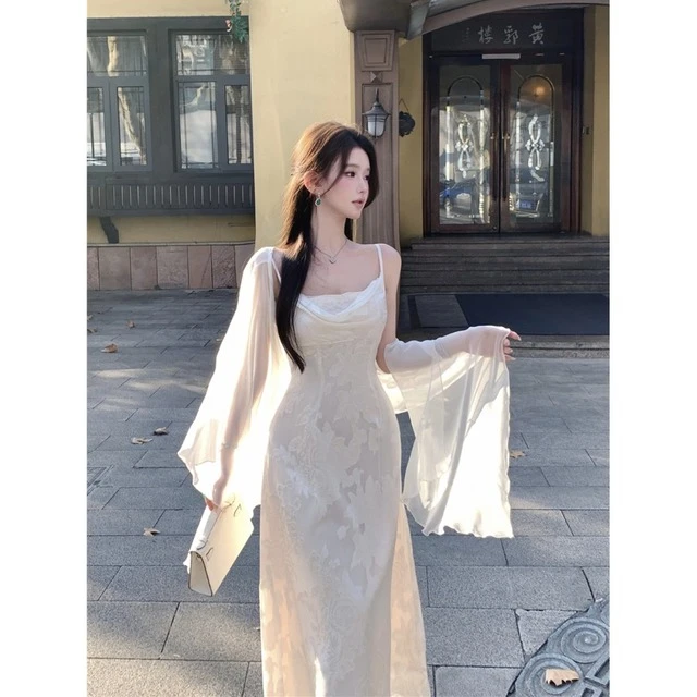 清冷感气质套装女夏荡领A字收腰提花吊带连衣裙百搭防晒开衫披肩