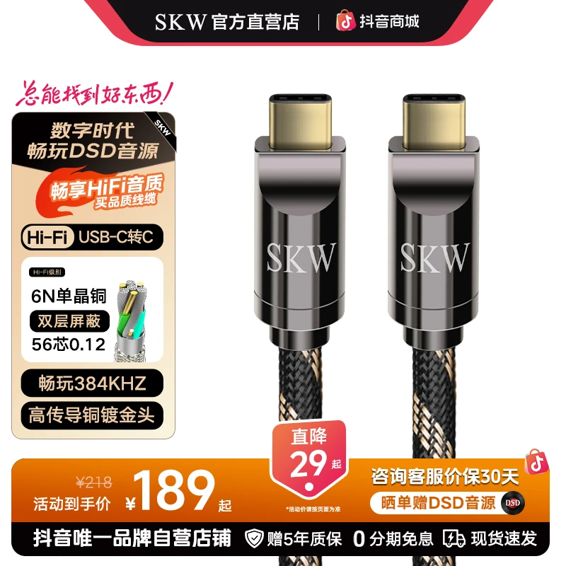 SKW 发烧级单晶铜Type-C对C双头音频线USB苹果安卓手机电脑解码线