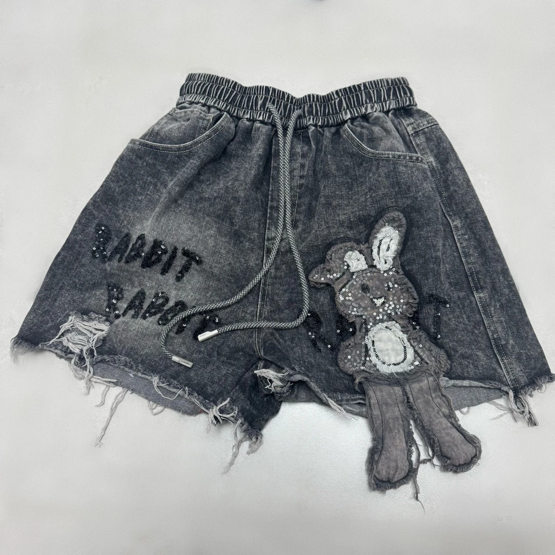 2025夏季新款重工兔子A字设计牛仔运动休闲百搭宽松短裤 126