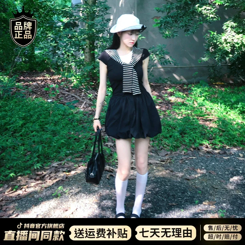 黑色假两件披肩短袖连衣裙女夏季2025新款韩系气质洋气花苞短裙子