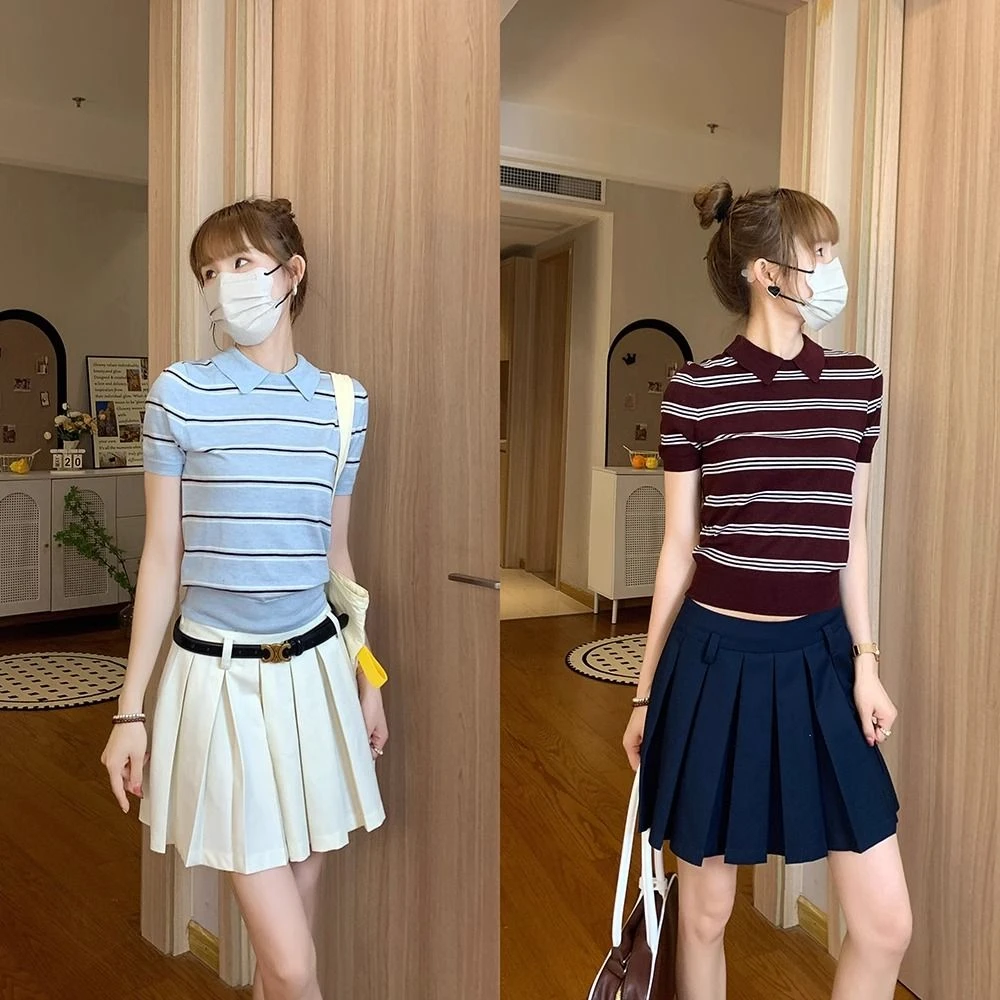 官图特价 T2854# 品质 设计感条纹翻领Polo衫针织短袖T恤女