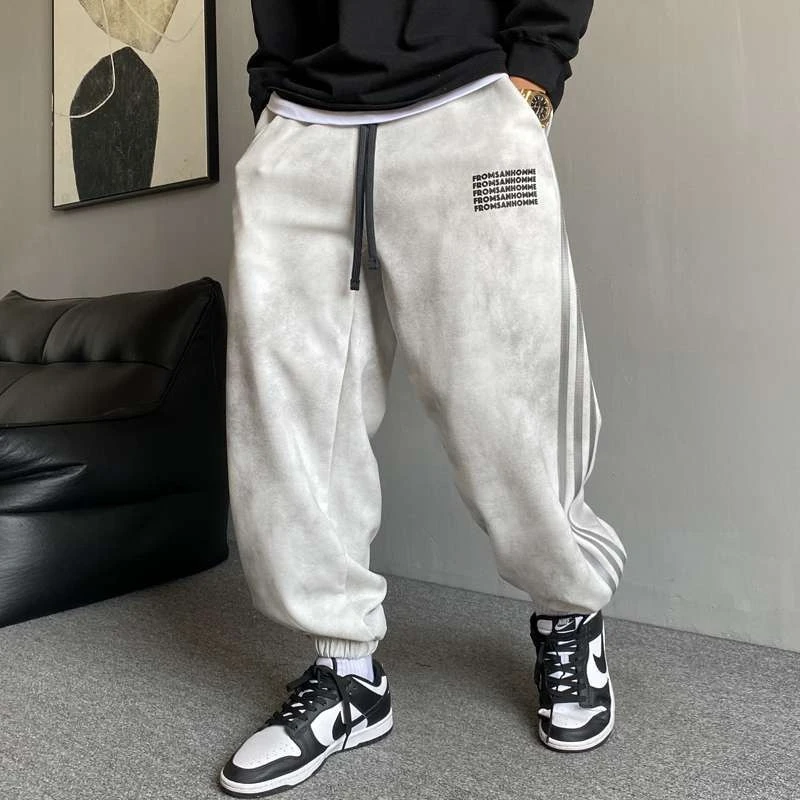 美式休闲做旧脏脏条纹束脚裤男秋季新款潮流大码宽松抽绳运动长裤