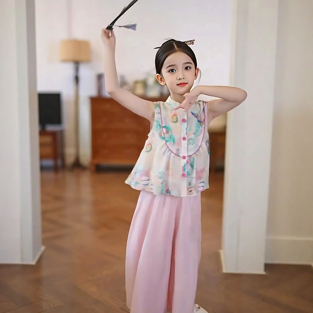 女童夏装新中式蝴蝶无袖娃娃衫套装小女孩衣服国风儿童服装潮款