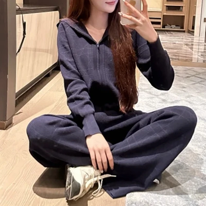 韩系慵懒风两件套女2025年早秋新款纯色长袖上衣配休闲阔腿裤套装