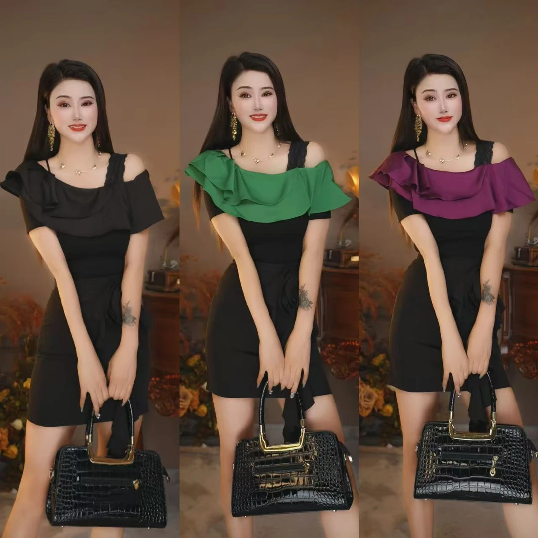 谢依121时尚一字领短袖T恤女夏季新款显瘦拼接修身绑带打底衫