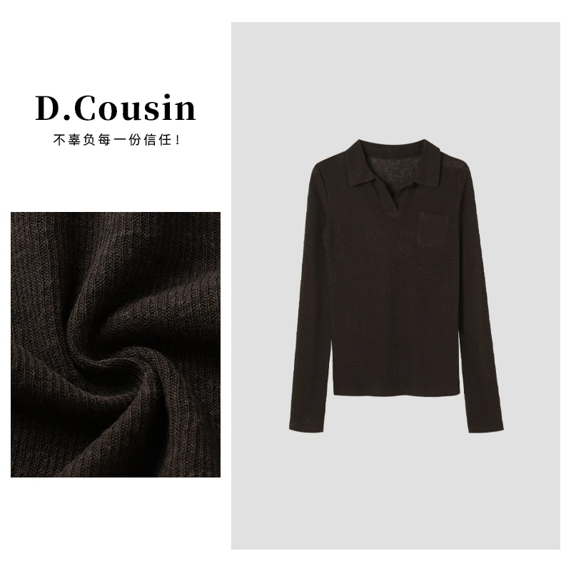 D.cousin  polo领上衣女纯色针织打底长袖上衣女春季新款 2178