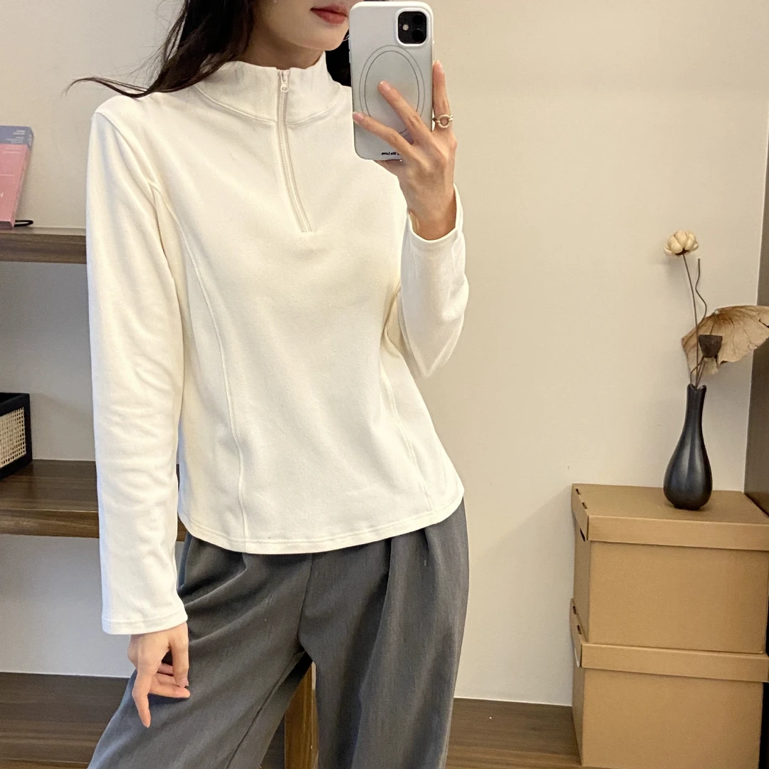 美式小立领内搭拉链纯色秋季新款宽松女装长袖2025打底衫修身