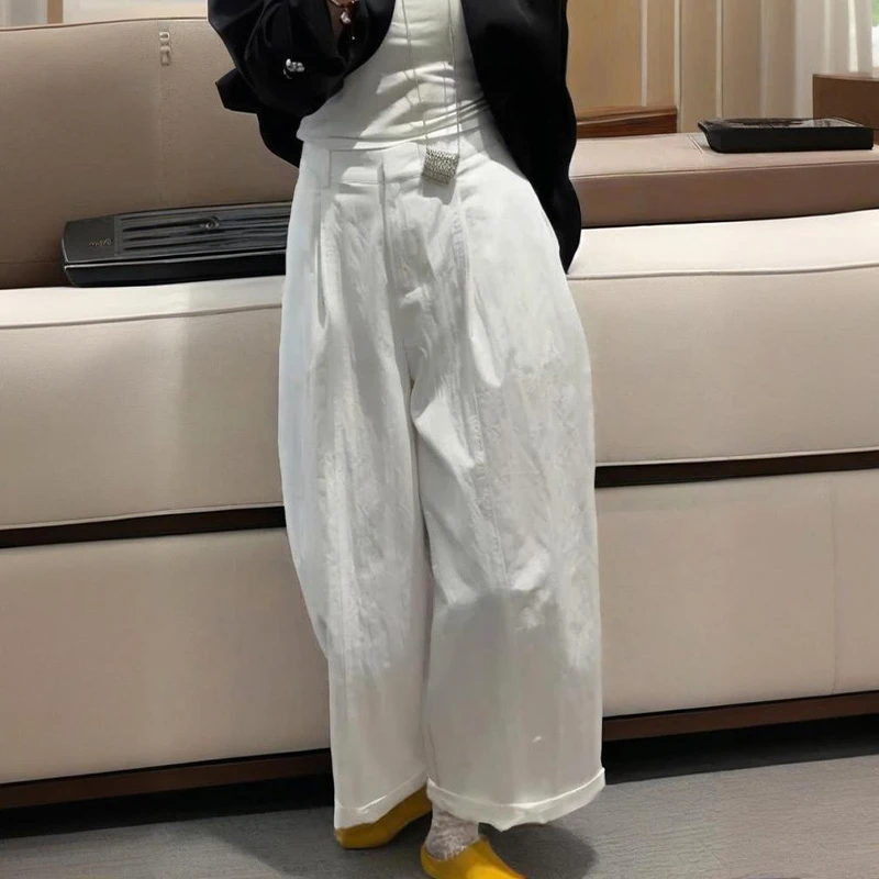白色简约时尚宽松阔腿裤夏季百搭休闲裤高腰纯色显瘦奶奶裤九分裤