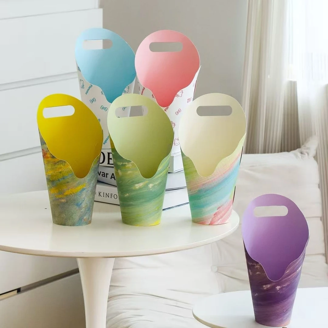 教师节新款油画风圆形手提鲜花花束礼盒冰激凌插花盒七夕花艺资材