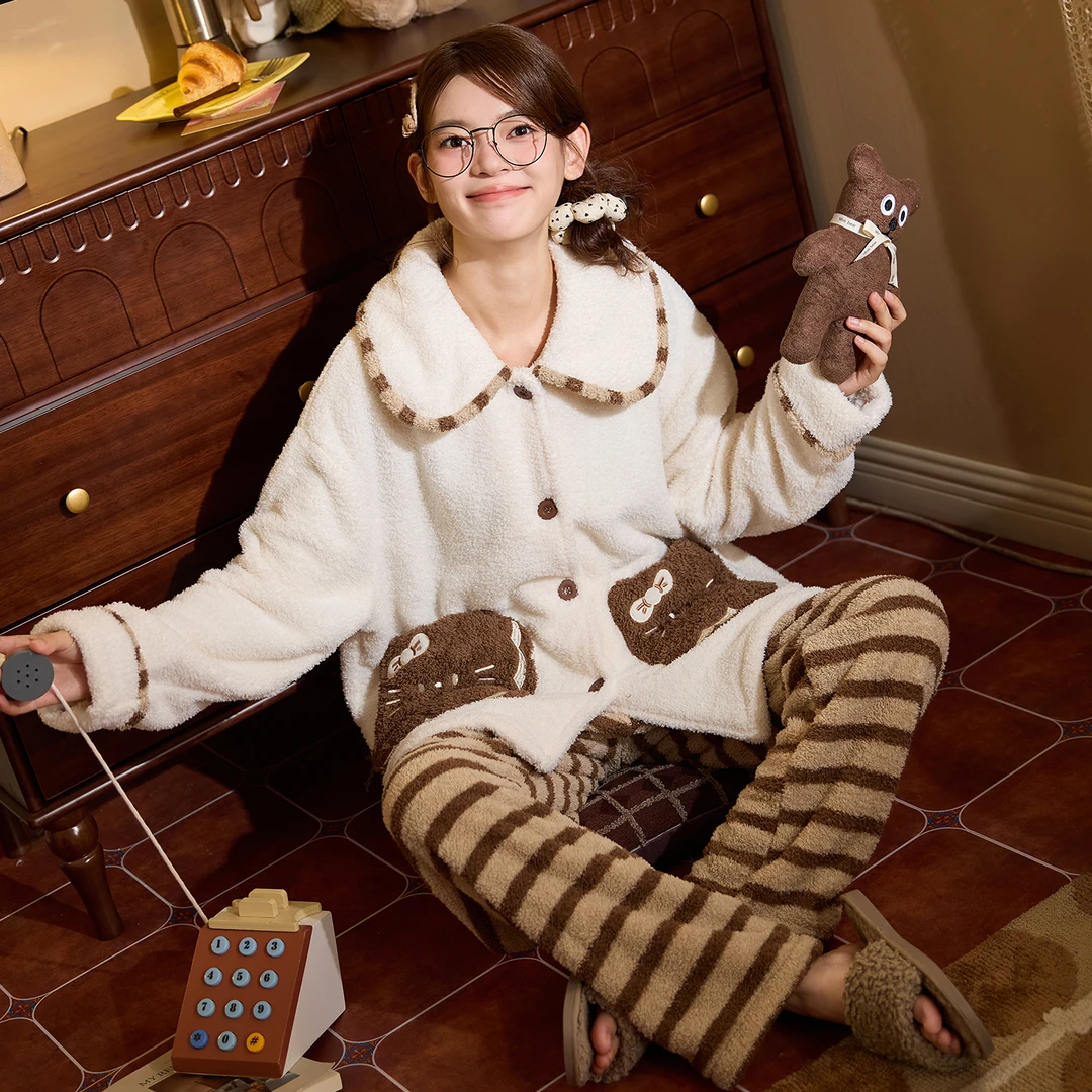 珊瑚绒秋冬季睡衣女款爆款2025新款卡通加厚加绒半边绒套装家居服