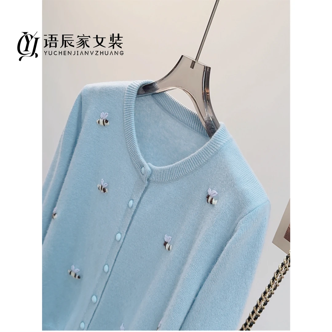 【山羊绒+绵羊毛】~高定版！针织衫女开衫小蜜蜂刺绣外套B1426