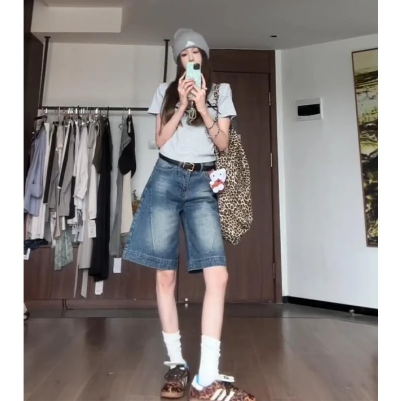 复古辣妹五分裤牛仔短裤女夏季低腰5分裤宽松设计感直筒阔腿中裤