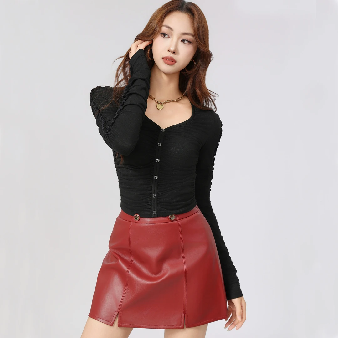 AMASS/阿玛施冬季百搭捏褶衬衫优雅修身V领精致女上衣5301067