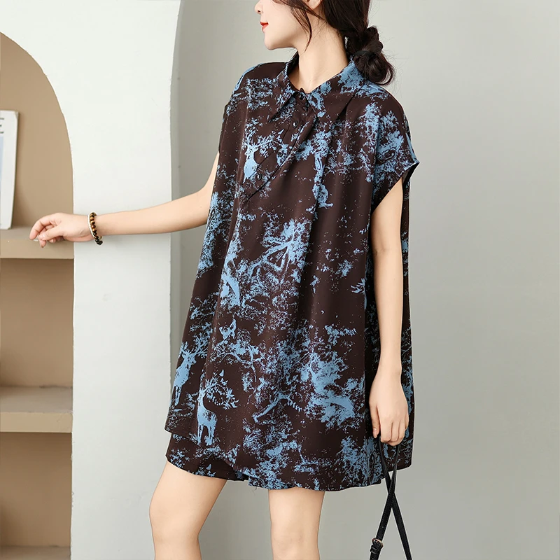 2025夏季时尚新款扎染设计新中式时尚套装宽松显瘦衬衫松紧腰短裤