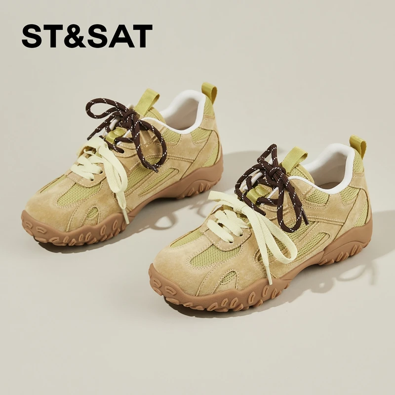 星期六绒面系带真皮德训鞋女鞋增高休闲鞋秋季新款复古百搭阿甘鞋