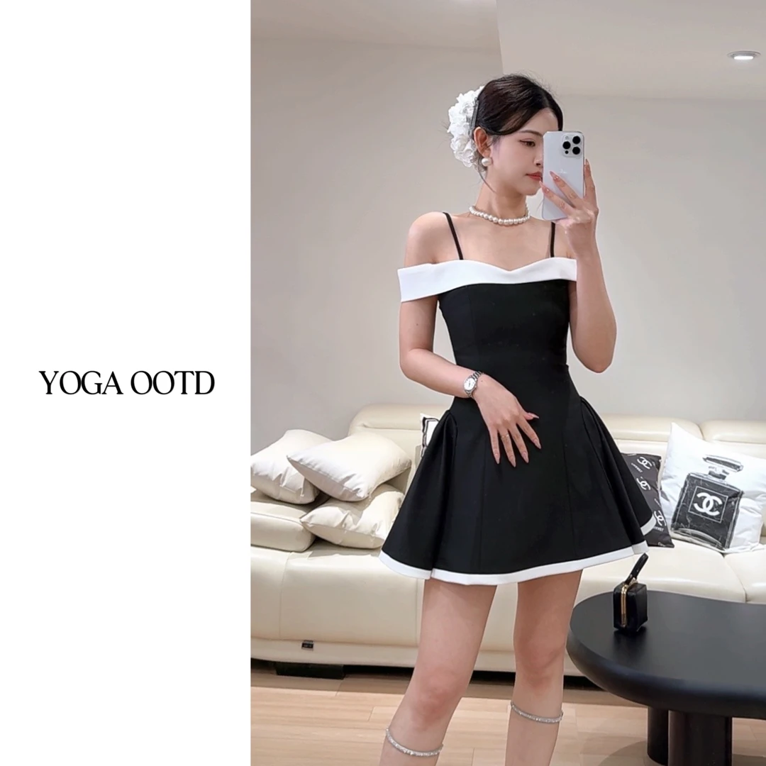 【柔嘉Yoga】法式优雅吊带一字肩撞色设计修身显瘦连衣裙西装短裙