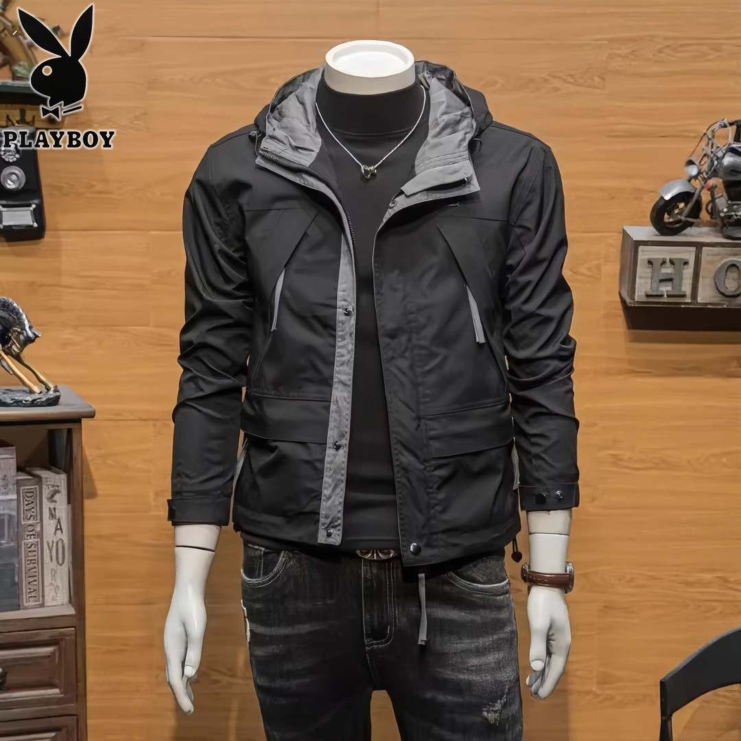 PLAYBOY/花花公子春秋季新款冲锋衣男士休闲连帽工装夹克韩版外套