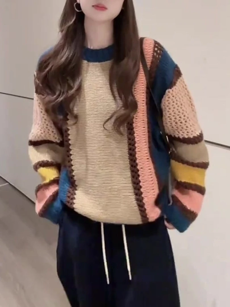 洋气时髦镂空撞色针织衫毛衣2025早秋女装法式松弛感宽松慵懒上衣