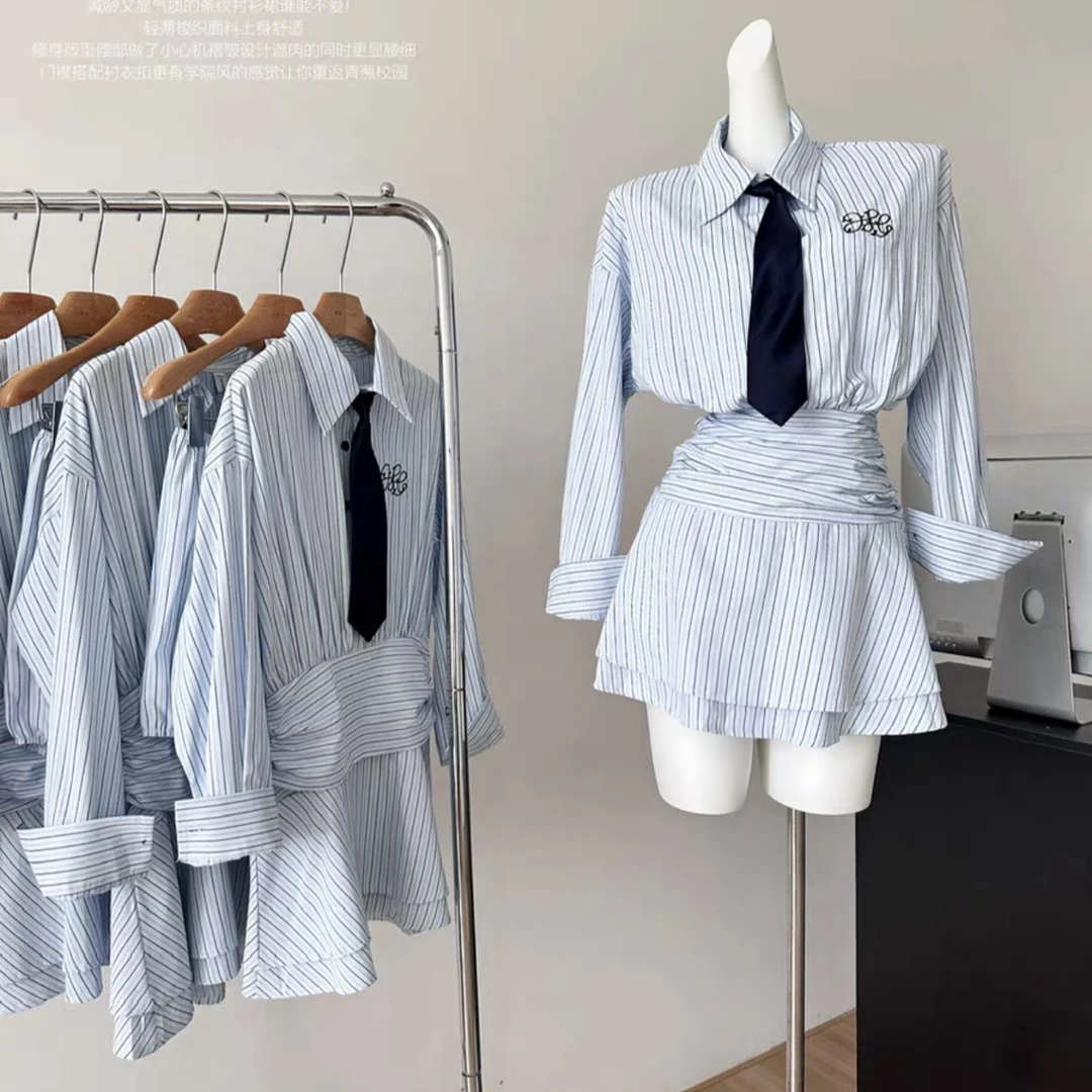 2024秋季新款连衣裙蓝色条纹长袖衬衫短裙气质领带短裤三件套装女