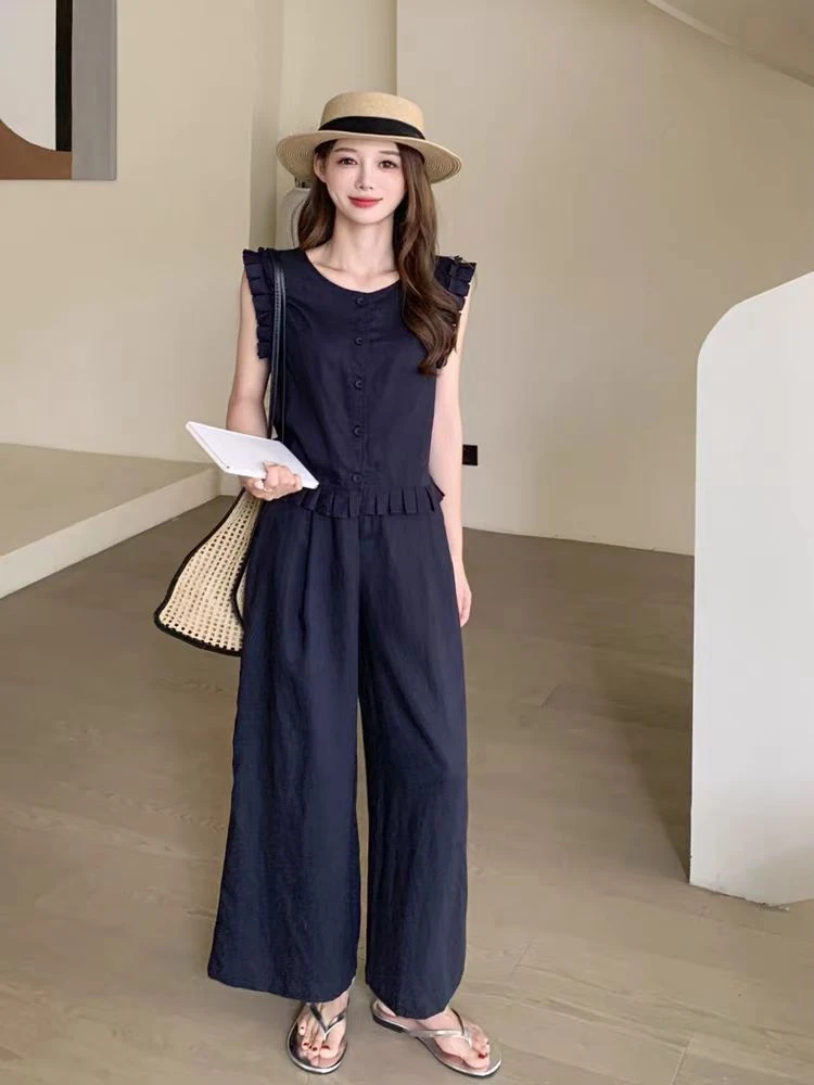 Y2X931-夏时尚百搭圆领木耳边无袖马甲+阔腿裤两件套装女显瘦