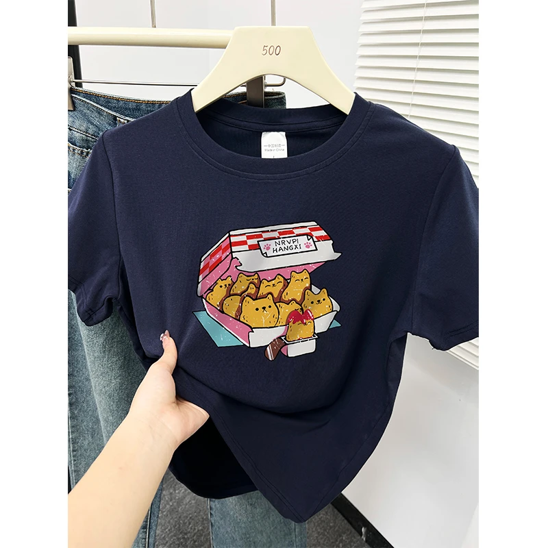 夏季新款韩版时尚休闲洋气百搭趣味印花正肩圆领短袖t恤女打底衫