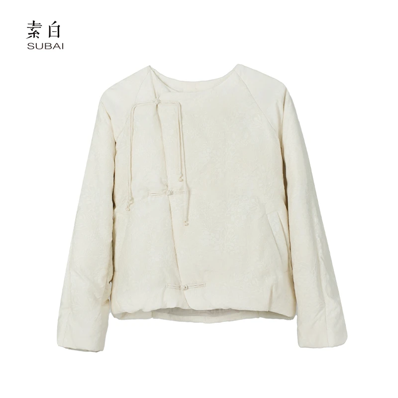 素白【独白】R01907蚕丝提花新中式无领盘扣短款鹅绒服