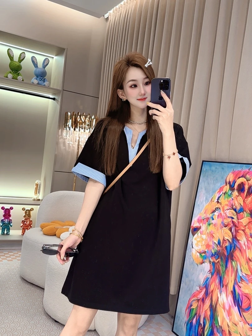 夏季时尚气质显瘦宽松翻领休闲减龄中长款连衣裙