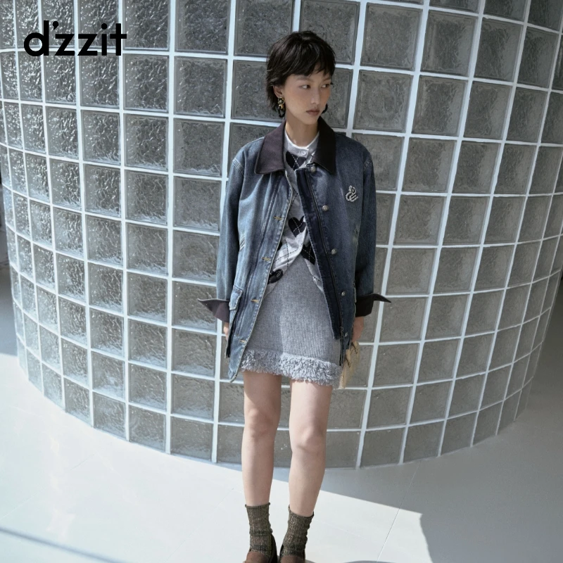dzzit地素棉服冬季丹宁风拼接灯芯条宽松牛仔外套女3I4RB01