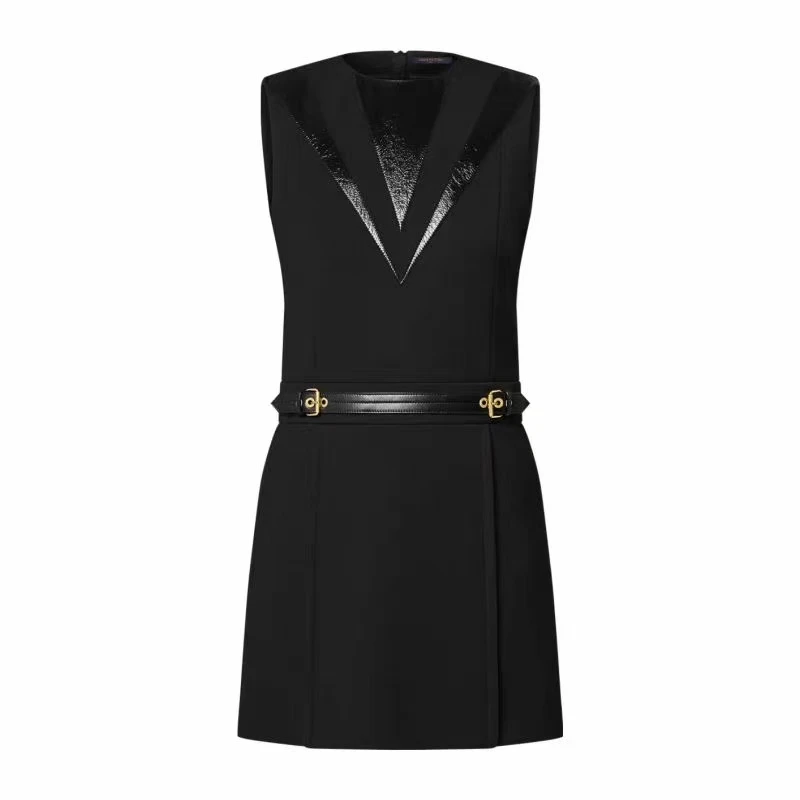 慕溢-645黑色无袖拼皮连衣裙