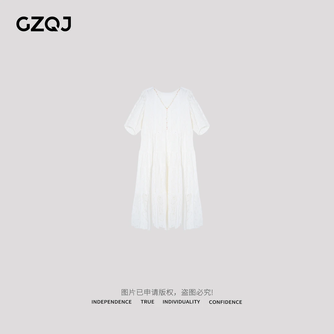 广州琴姐【珠光叠汐】欧若风法式短袖V领白色蕾丝连衣裙长裙夏季410
