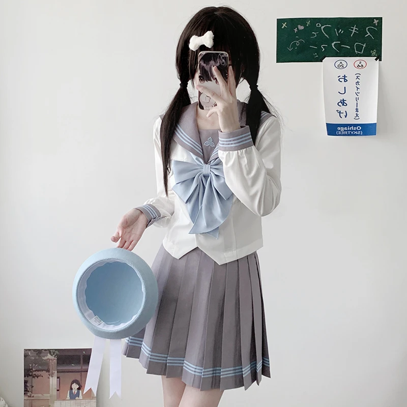 收腰款【雾也女子】三本襟JK制服裙长短袖校供春夏款灰色校供水手服