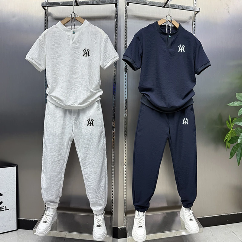 夏季冰丝麻套装男女同款老钱风刺绣短袖短裤两件套薄款休闲运动装