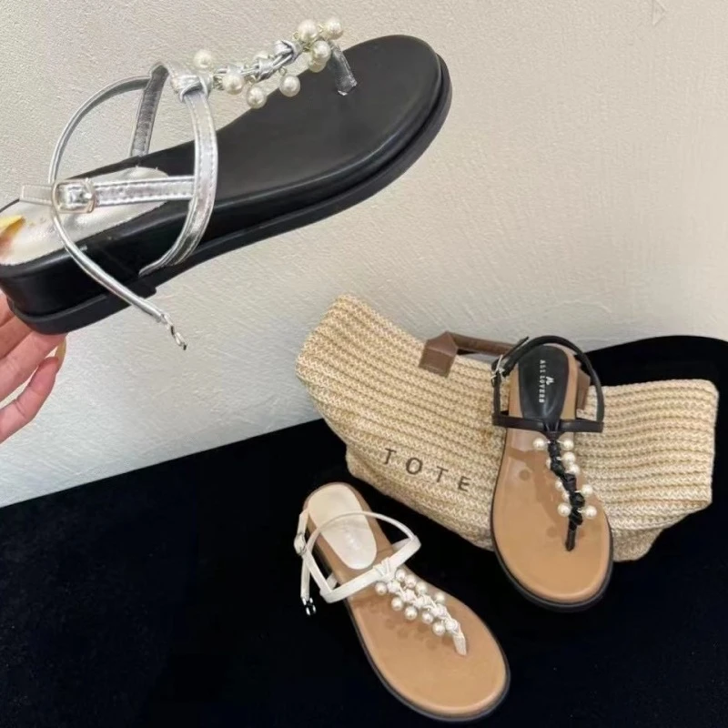 法式仙女风珍珠夹趾厚底凉鞋女配裙子增高沙滩鞋