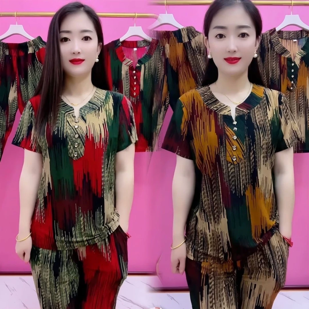 夏季新款女装宽松上衣短袖套装中老年妈妈显瘦冰丝T恤裤子两件套