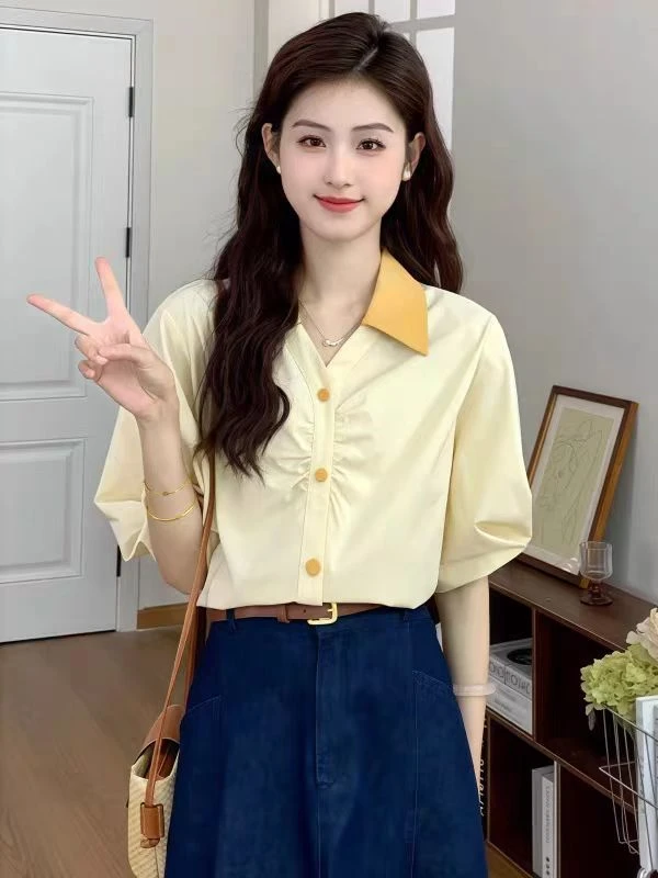 2025夏港风复古拼色短袖衬衫宽松休闲上衣女
