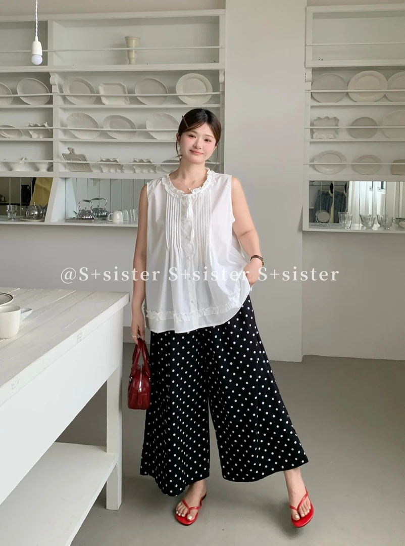 【s+】小众波点木耳边压褶无袖百搭套装夏季大码#877