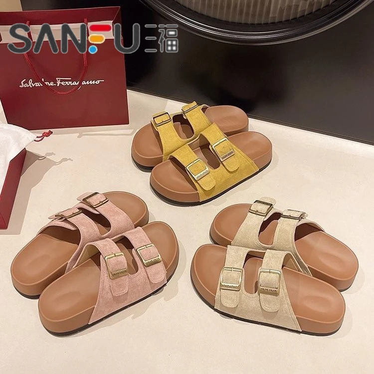 三福拖鞋女夏外穿2025新款超火高级感沙滩一字拖黄色勃肯鞋凉拖鞋