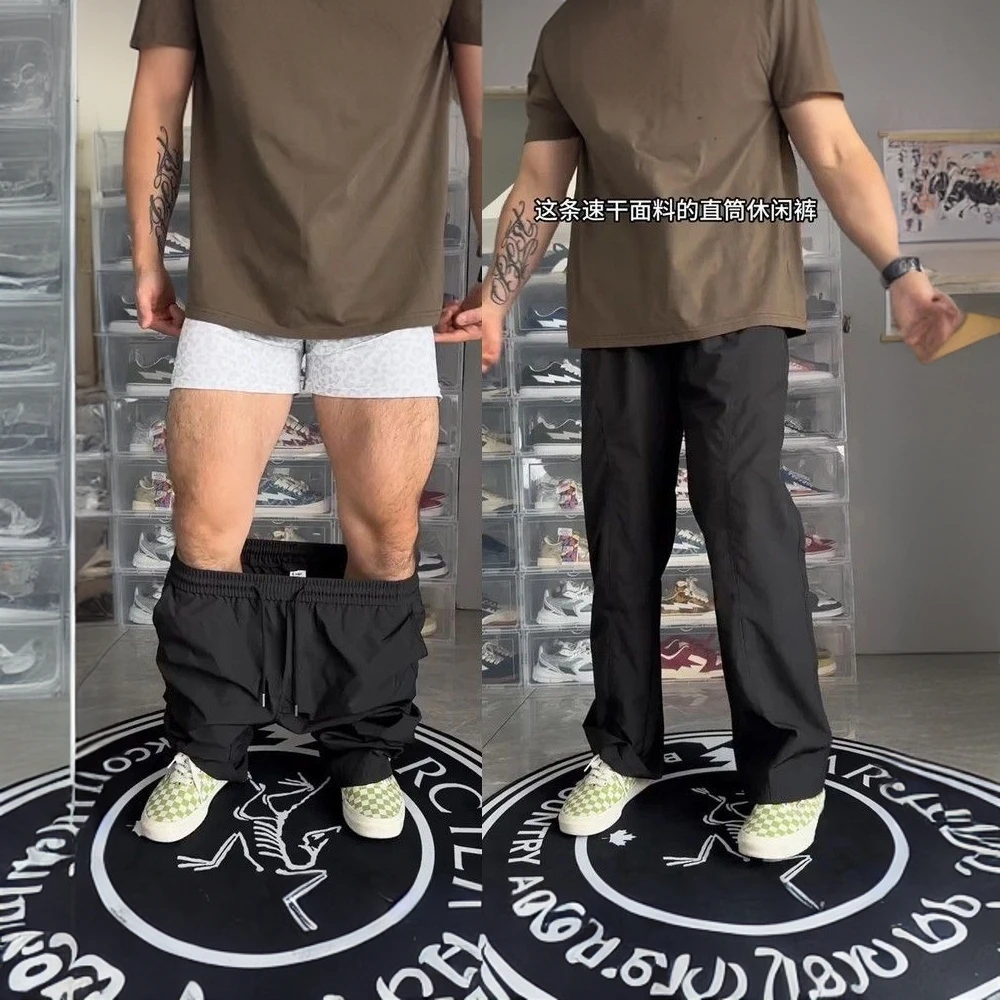 美式基础斜切简约休闲裤男女春夏薄款显瘦显高潮流百搭宽松直筒裤