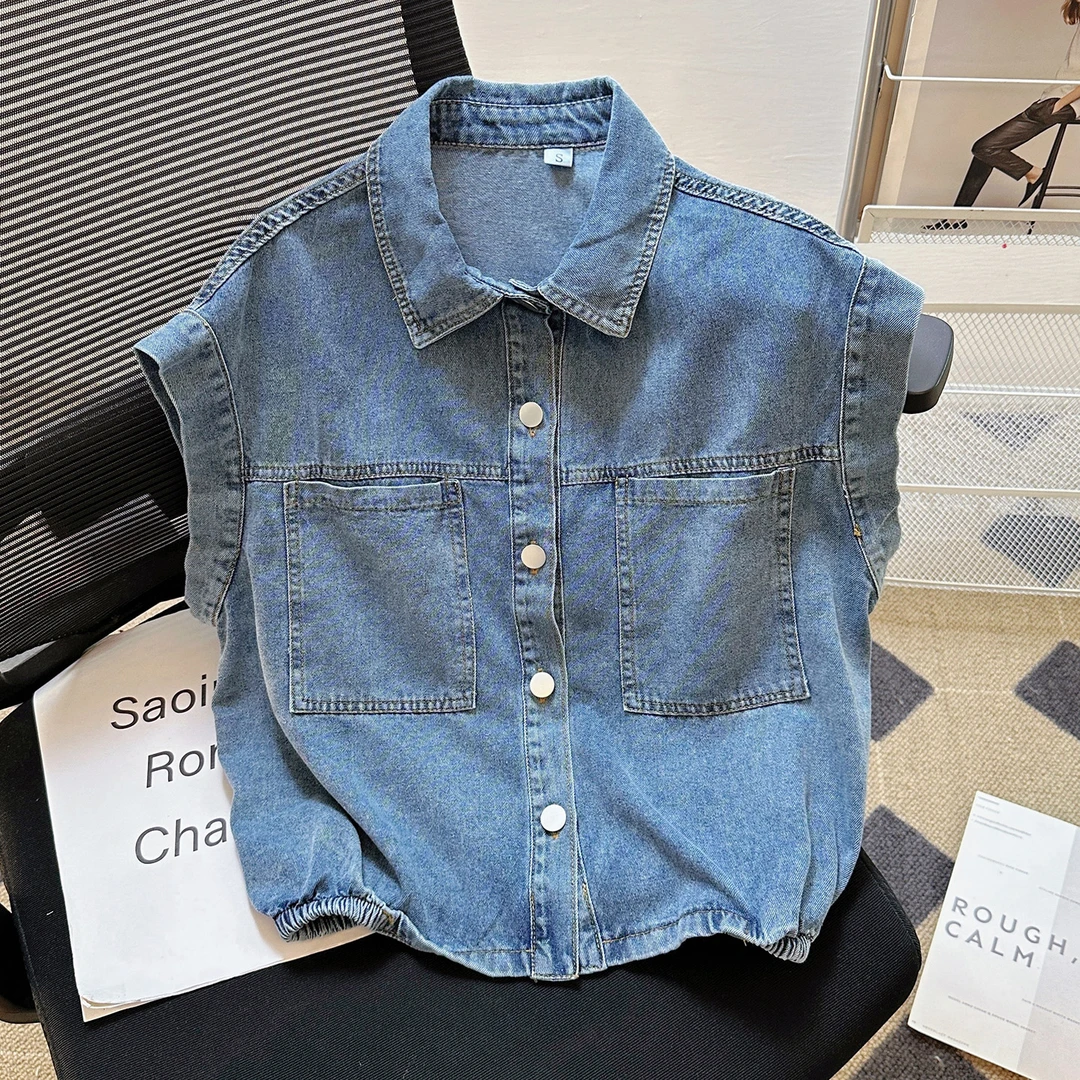 2025夏季新款时尚百搭Polo领牛仔短袖衬衫上衣女复古无袖马甲衬衣