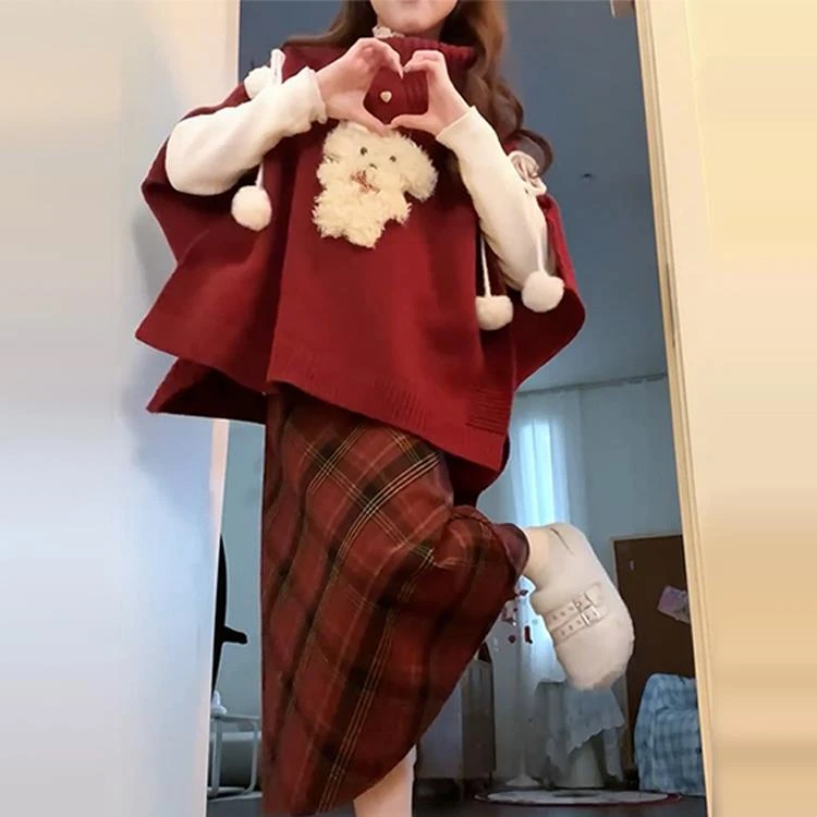 红色斗篷毛衣格子连衣裙子女秋冬季2026新款新年穿搭过年战袍套装