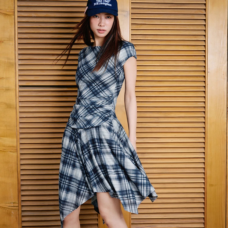 「PINPINPLUS」PP+斜格物语网纱不规则下摆格纹连衣裙PABEB621003H