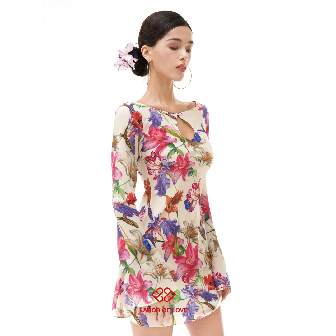 Labor of Love 热带雨林 原创设计明艳风情大彩花喇叭长袖连衣裙