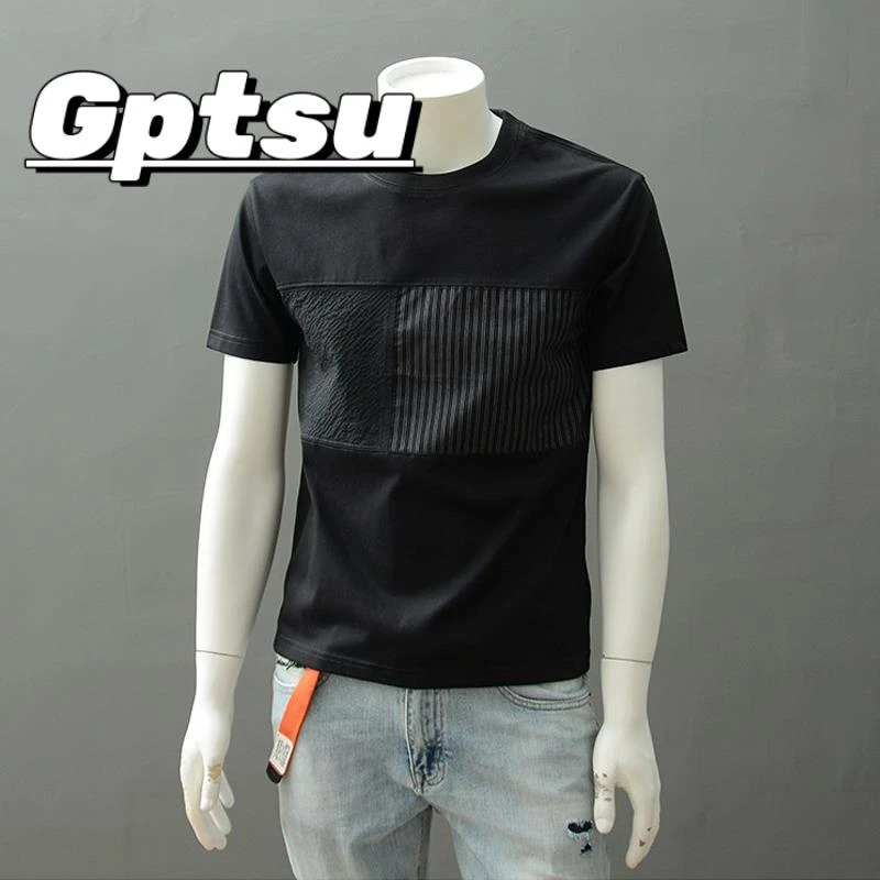 GPTSu夏季新款拼接短袖t恤男圆领覆古修身百搭纯色高端半袖打底衫