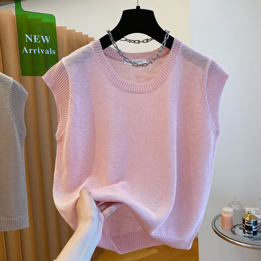粉色针织背心t恤女夏2025新款宽松漂亮胖妹妹大码薄款小飞袖上衣
