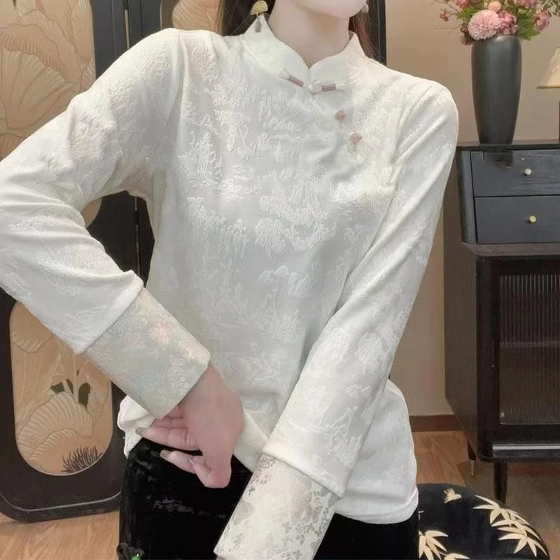 春季新中式国风缎面打底衫气质长袖提花百搭小衫显瘦唐装上衣
