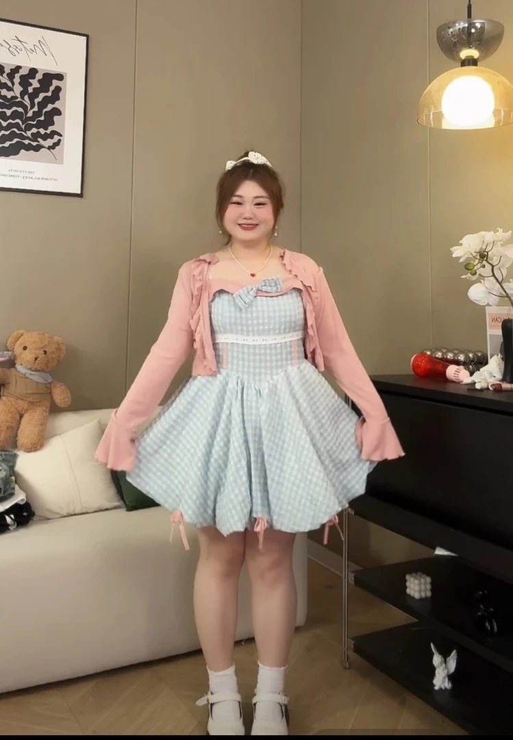 甜美风蝴蝶结大码连衣裙粉色针织外搭两件套装9336