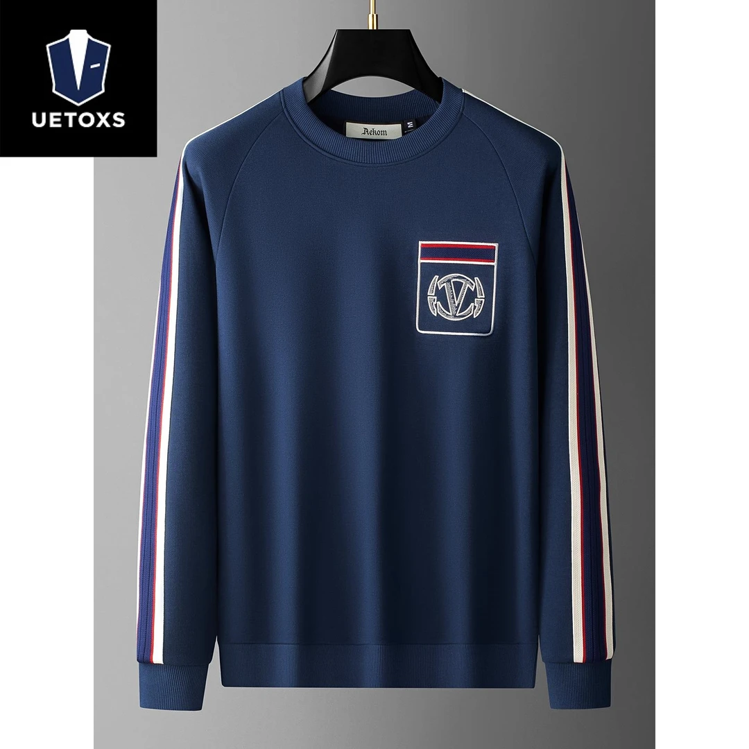 秋季高端时尚潮流撞色拼接刺绣衣服男士潮牌圆领长袖休闲卫衣男款