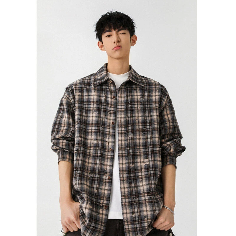 美式街头格子衬衫男女复古春秋款磨毛破洞设计情侣长袖外套潮